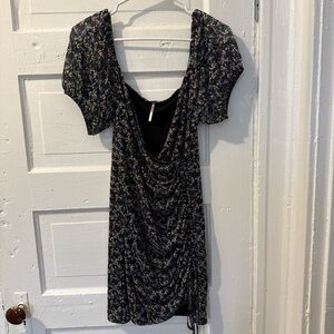 Free People M Mesh Micro Floral Puff Sleeve Bodycon Sheath Mini Ruched Wrap Blue